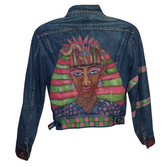 Vintage Upcycled Lee Denim Trucker Jacket Hand Painted Pharo Snake retro Mens 40